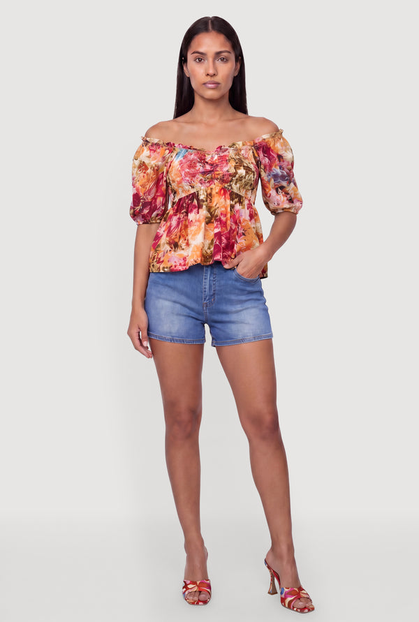Floral Smocked Detail Off the Shoulder Puff Sleeve Blouse