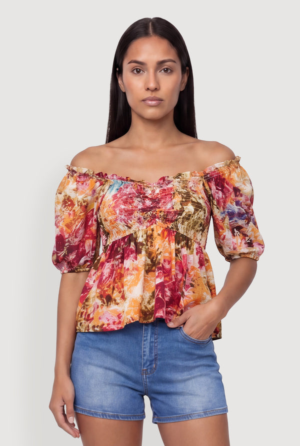 Floral Smocked Detail Off the Shoulder Puff Sleeve Blouse - Image 2