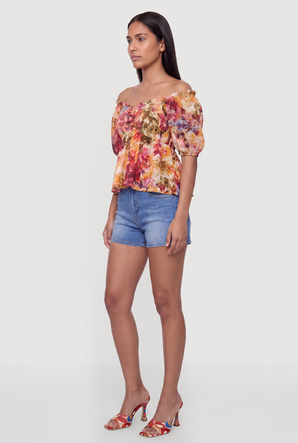 Floral Smocked Detail Off the Shoulder Puff Sleeve Blouse - Image 3