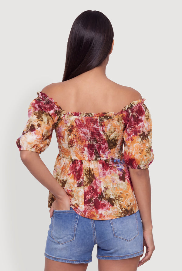 Floral Smocked Detail Off the Shoulder Puff Sleeve Blouse - Image 5