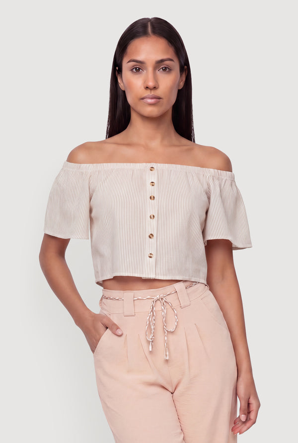 Striped Off the Shoulder Crop Top - Image 2
