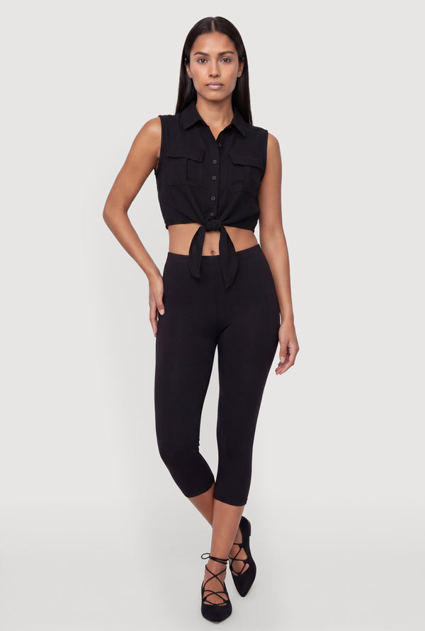 Sleeveless Button Front Cropped Tie Front Shirt