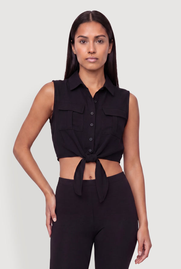 Sleeveless Button Front Cropped Tie Front Shirt - Image 2