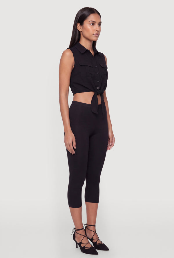 Sleeveless Button Front Cropped Tie Front Shirt - Image 3