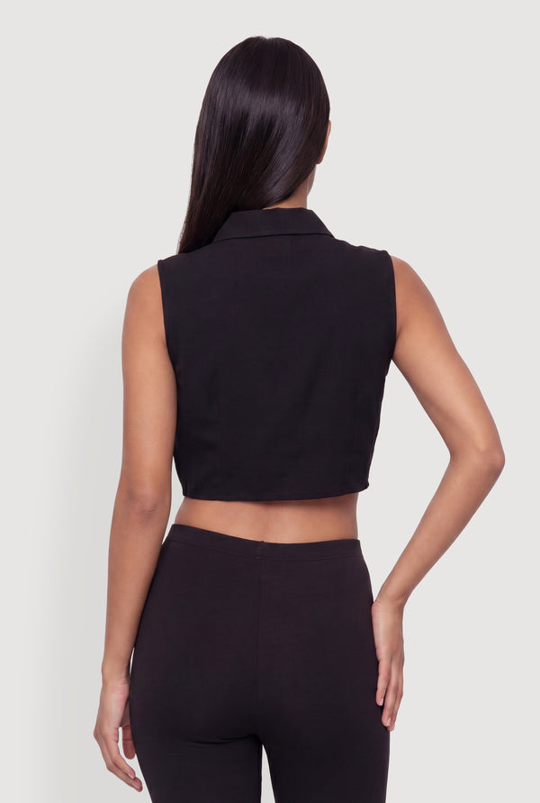 Sleeveless Button Front Cropped Tie Front Shirt - Image 5