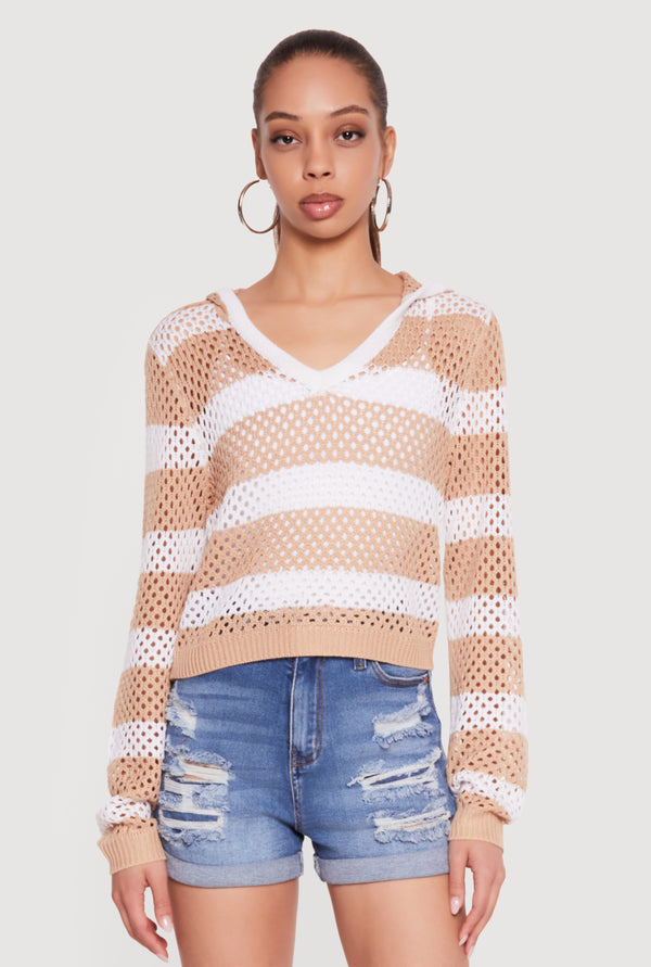 Crochet Striped Hooded Long Sleeve Top - Image 2