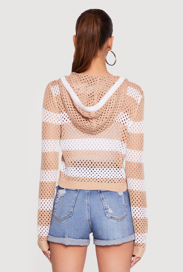 Crochet Striped Hooded Long Sleeve Top - Image 5