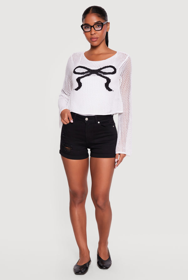 Bow Graphic Crochet Long Sleeve Top