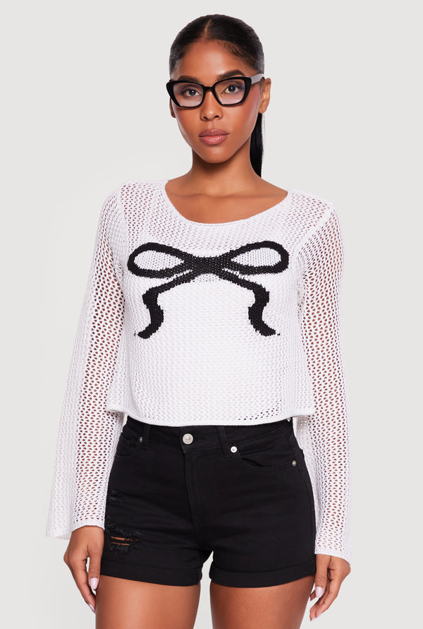 Bow Graphic Crochet Long Sleeve Top - Image 2
