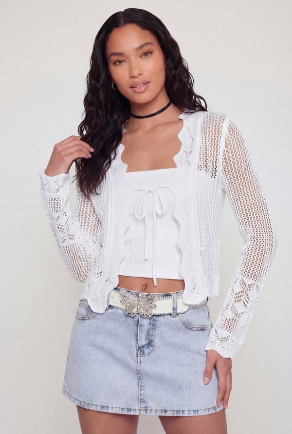 Crochet Tie Front Long Sleeve Cardigan - Image 2