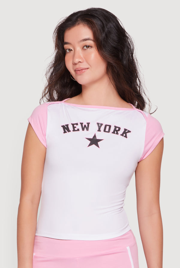 Color Blocked New York Graphic Cap Sleeve Tee