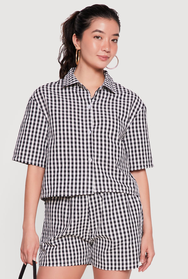 Gingham Button Front Short Sleeve Shirt