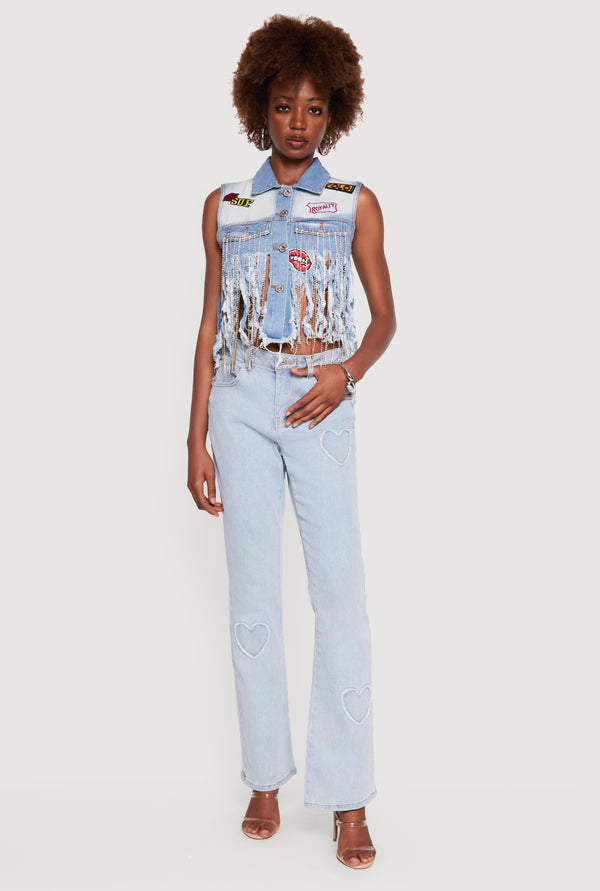 Graphic Patch Cropped Denim Vest with Rhinestone Fringe