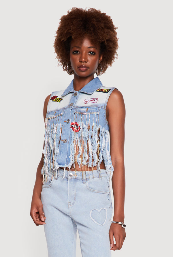 Graphic Patch Cropped Denim Vest with Rhinestone Fringe - Image 2