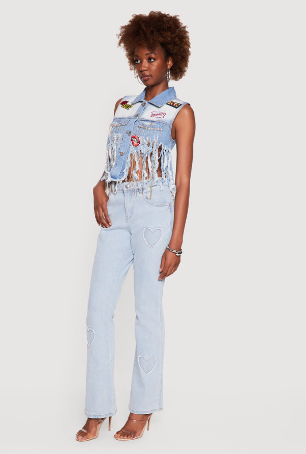 Graphic Patch Cropped Denim Vest with Rhinestone Fringe - Image 3