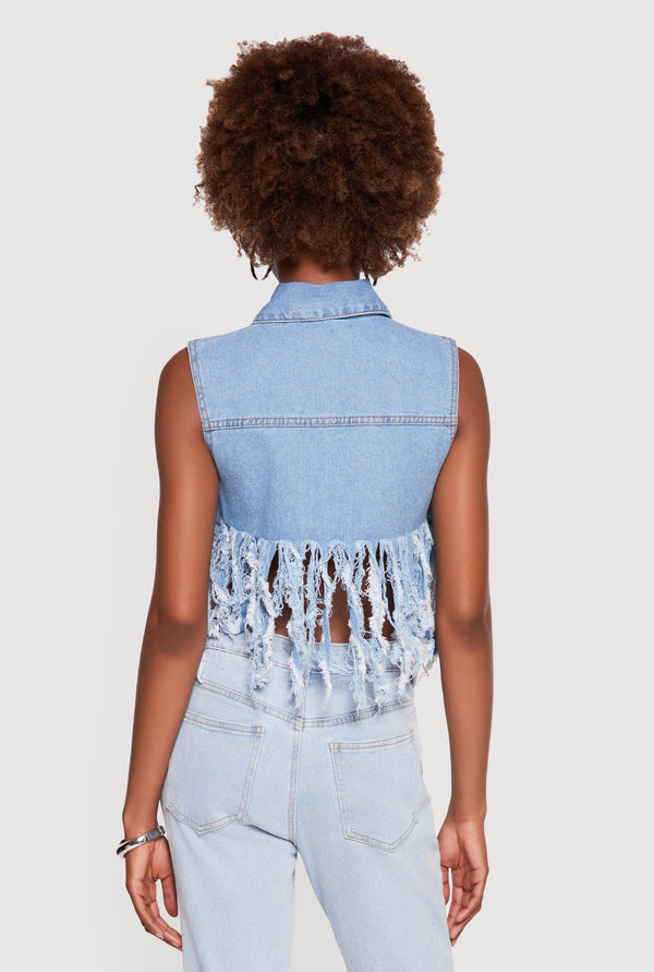 Graphic Patch Cropped Denim Vest with Rhinestone Fringe - Image 5