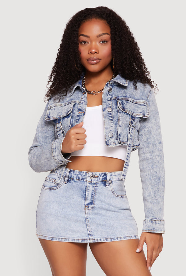 Stone Wash Cargo Pocket Cropped Denim Jacket - Image 2
