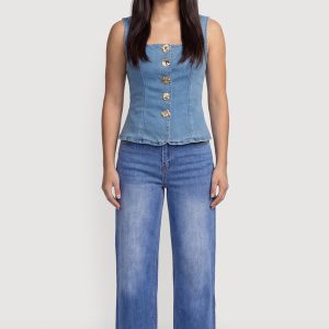 Denim Square Neck Button Front Vest