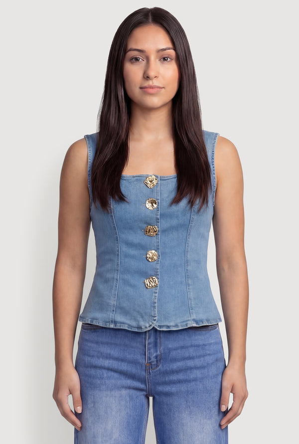 Denim Square Neck Button Front Vest - Image 2