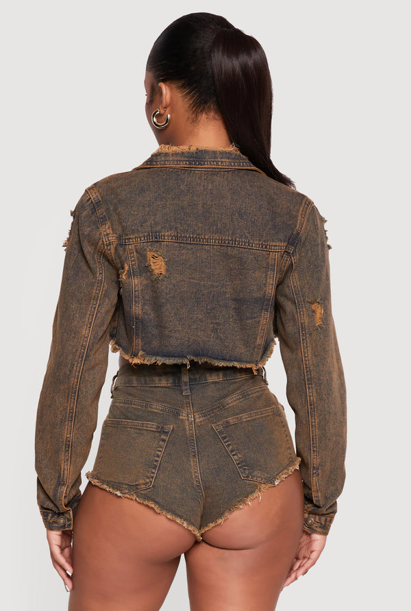 Acid Wash Denim Cropped Distressed Jacket - Image 5