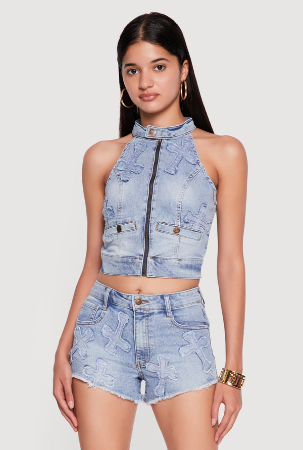 Cross Applique Zip Front Denim Crop Top