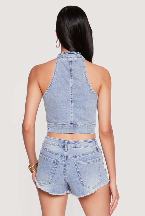 Cross Applique Zip Front Denim Crop Top - Image 5