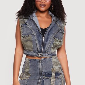Denim Layered Look Camo Detail Open Sides Vest