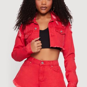 Distressed Raw Hem Cropped Jean Jacket
