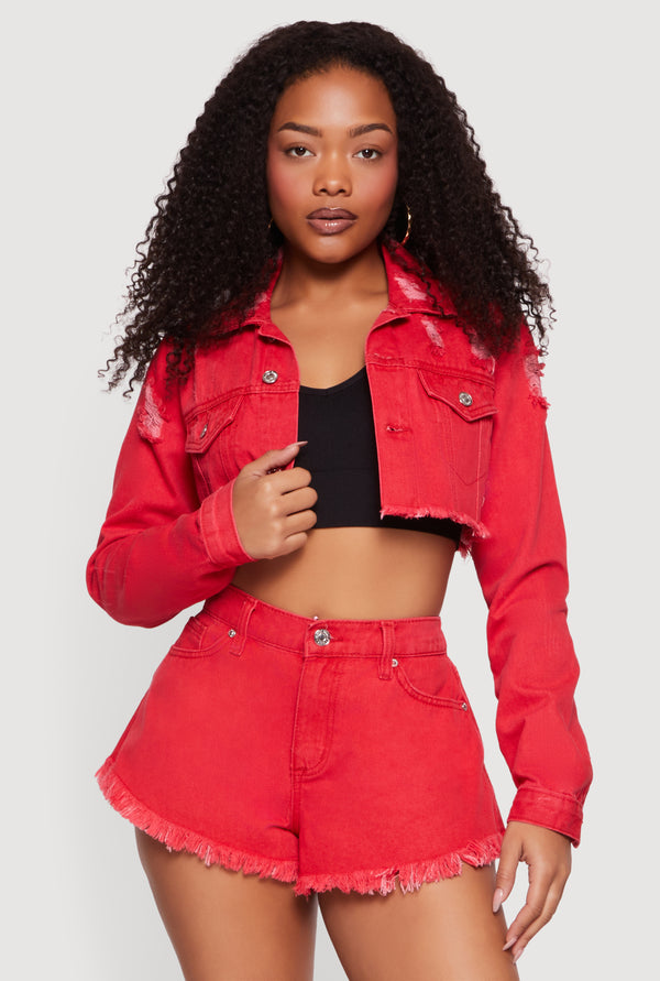 Distressed Raw Hem Cropped Jean Jacket