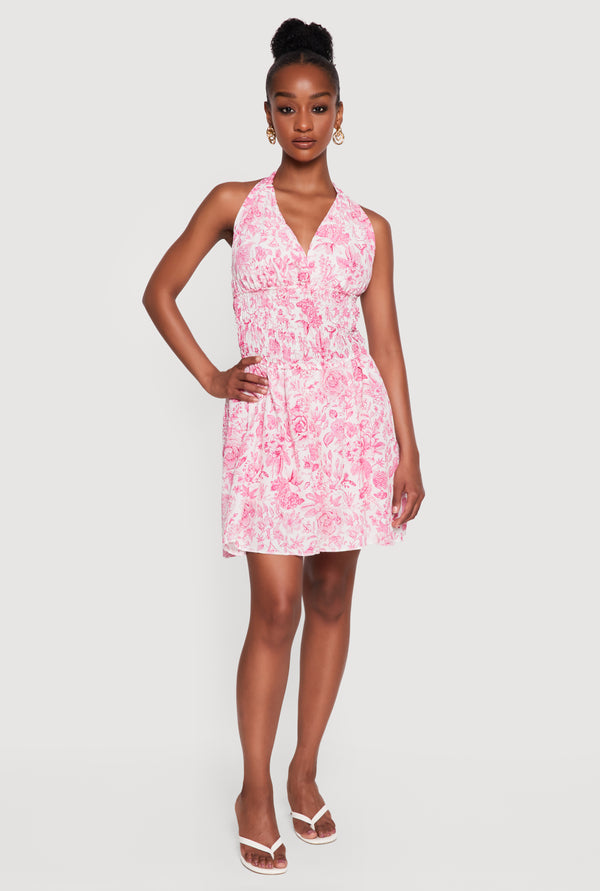 Floral Print Smocked Waist Skater Dress with Shorts Lining
