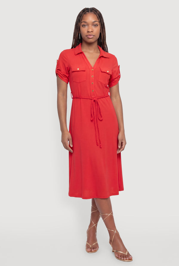 Tie Waist Belted Midi Shirt Dress