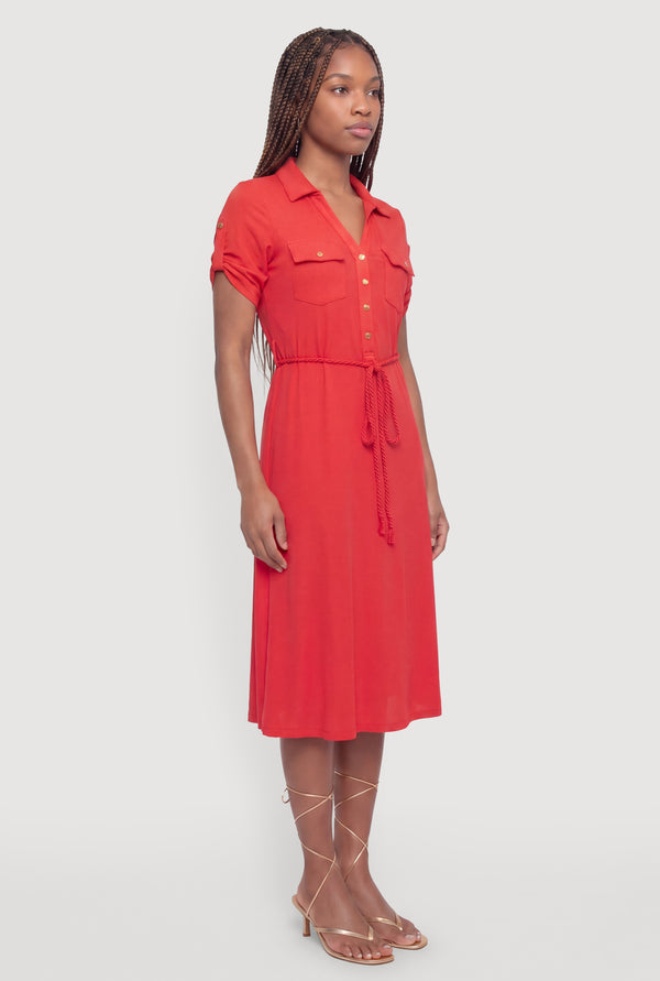 Tie Waist Belted Midi Shirt Dress - Image 2