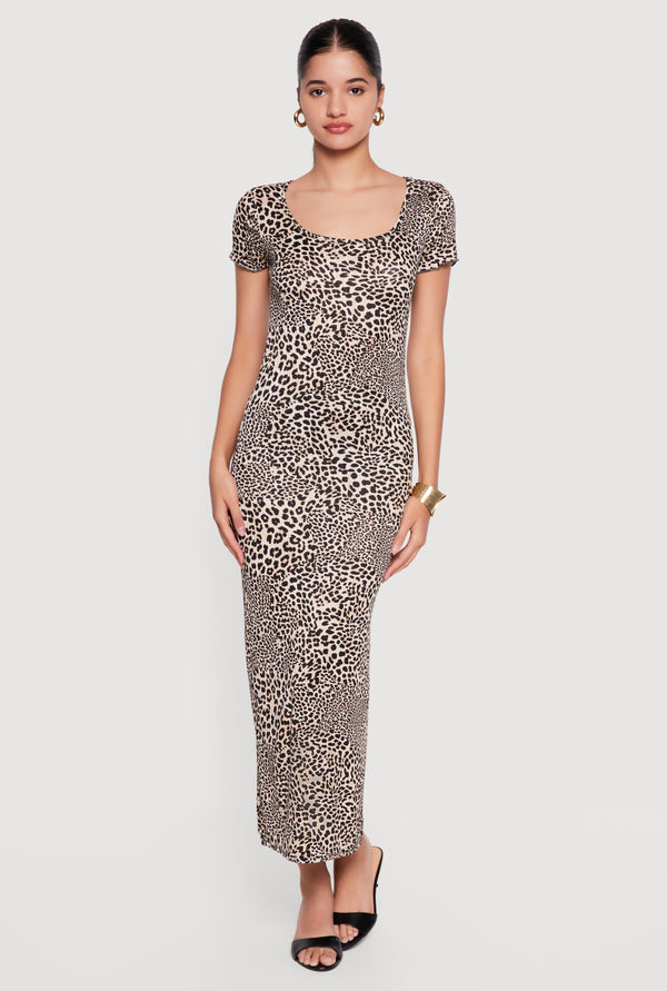 Leopard Print Rib Knit Side Slit Maxi Dress