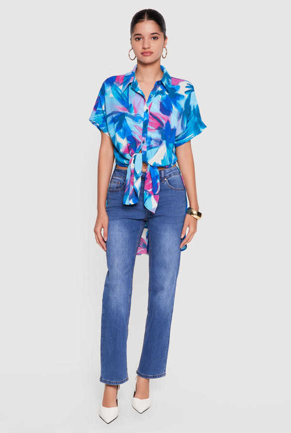 Watercolor Floral Print Button Front High Low Shirt