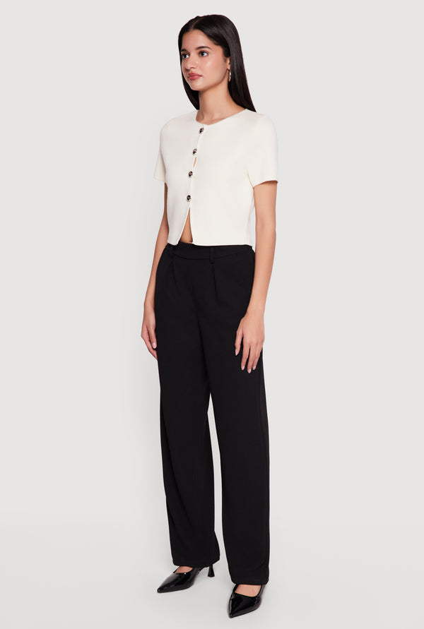 Metallic Button Front Short Sleeve Sweater - Image 3