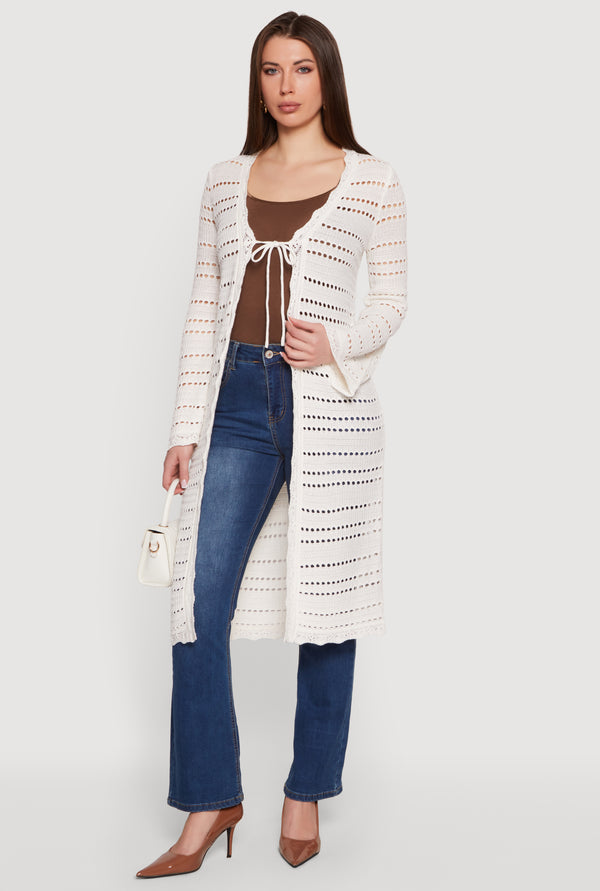 Tie Front Pointelle Long Cardigan