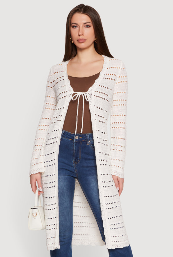 Tie Front Pointelle Long Cardigan - Image 2