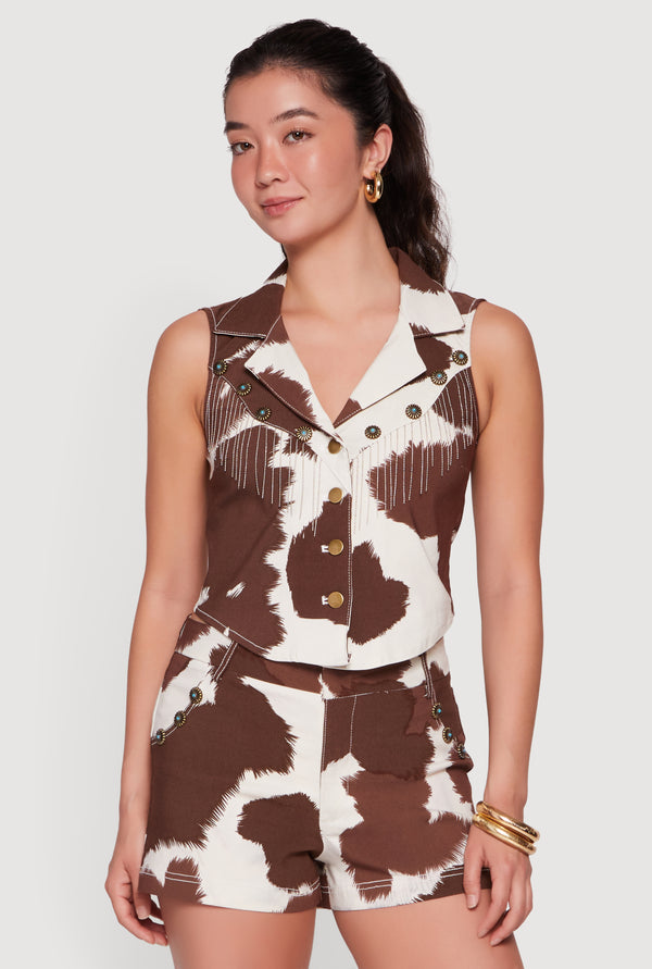Cow Print Metallic Fringe Detail Button Front Vest