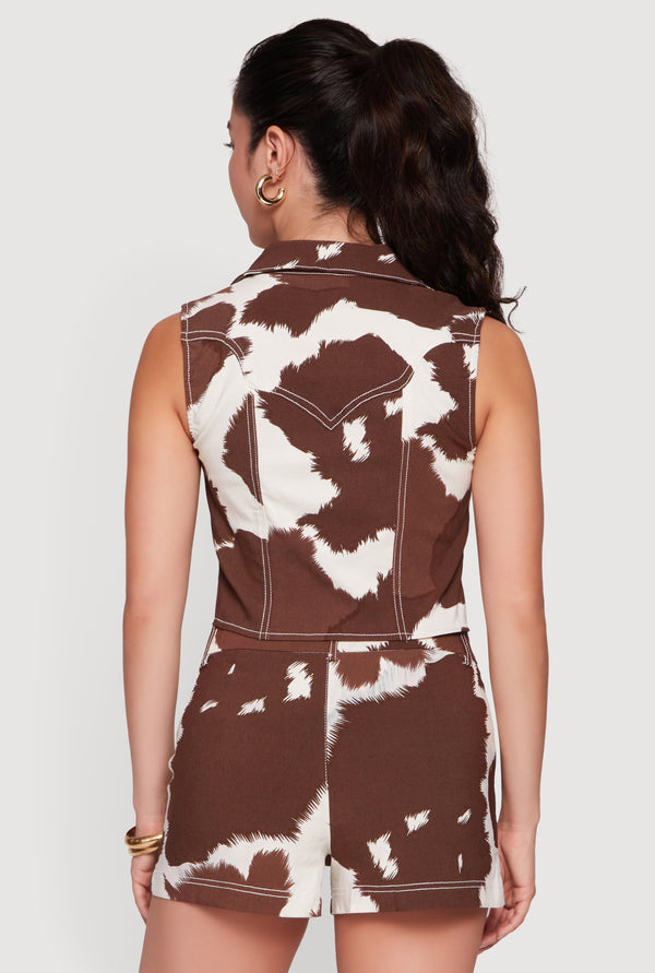 Cow Print Metallic Fringe Detail Button Front Vest - Image 5