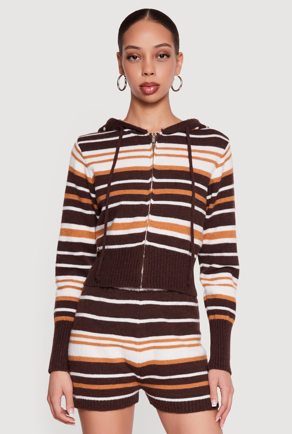 Striped Zip Front Hooded Sweater