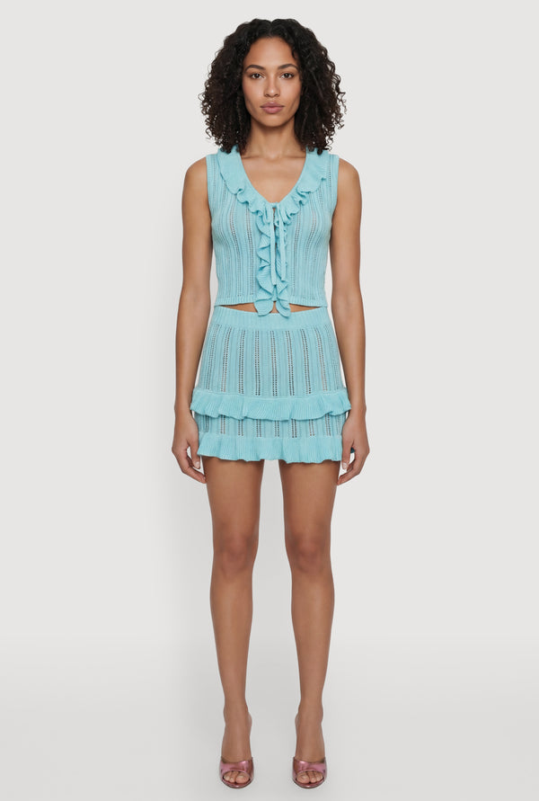 Ruffle Trim Button Front Tie Detail Crochet Vest