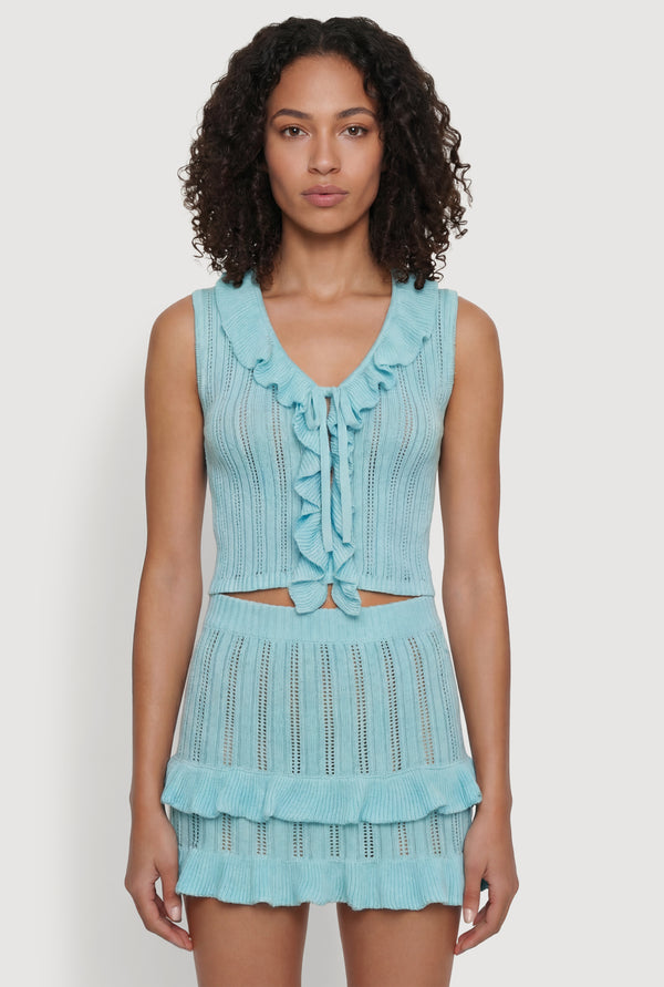 Ruffle Trim Button Front Tie Detail Crochet Vest - Image 2