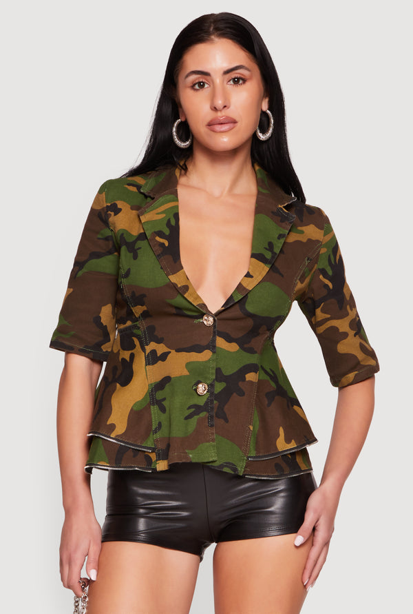 Camouflage Zipper Hem Button Front Denim Blazer - Image 2