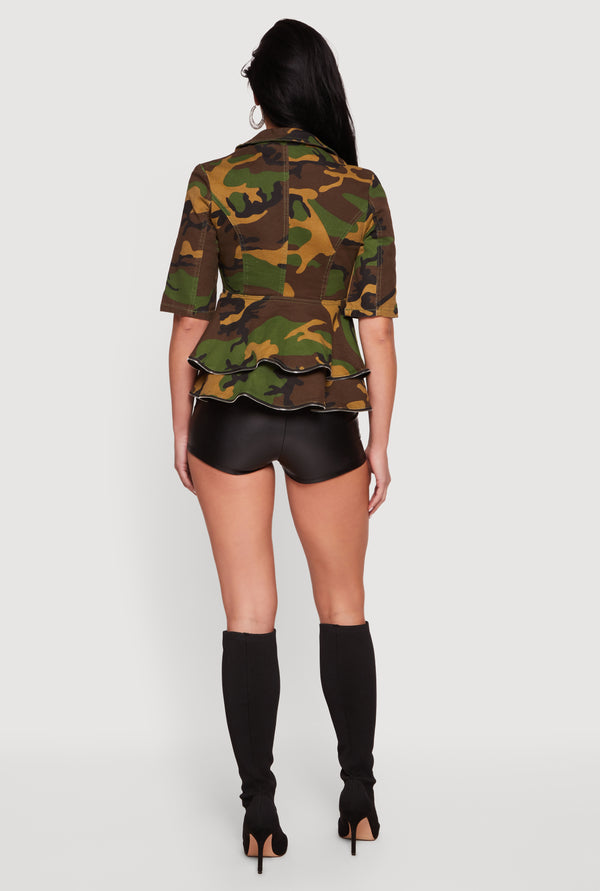 Camouflage Zipper Hem Button Front Denim Blazer - Image 5