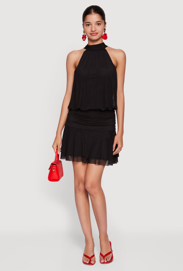 Drop Waist Ruffle Tiered Mesh Halter Dress