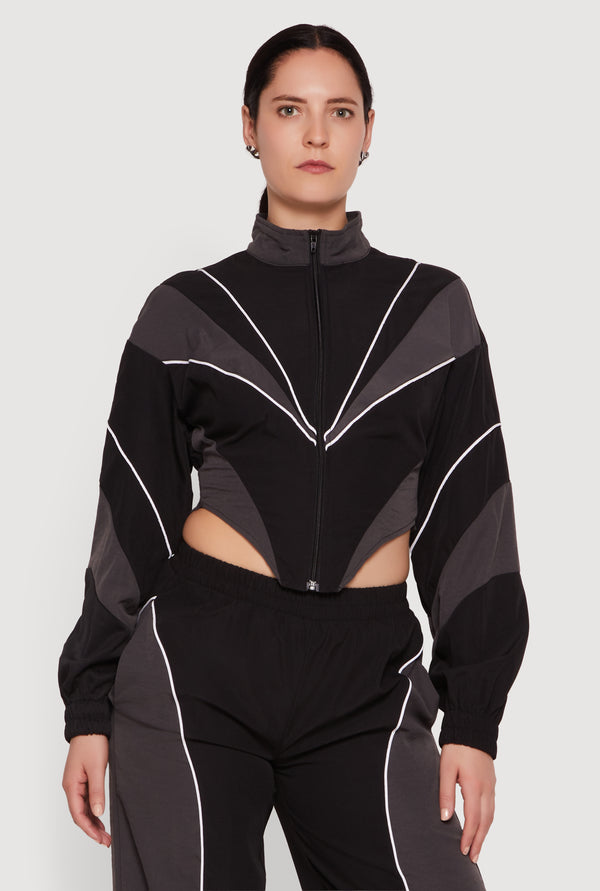 Color Blocked Zip Front Cropped Jacket with Contrast Piping